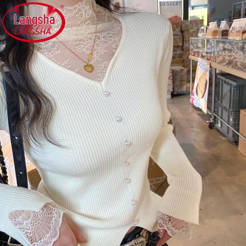 Langsha Women's V-Neck Lace Trim Pullover Sweater