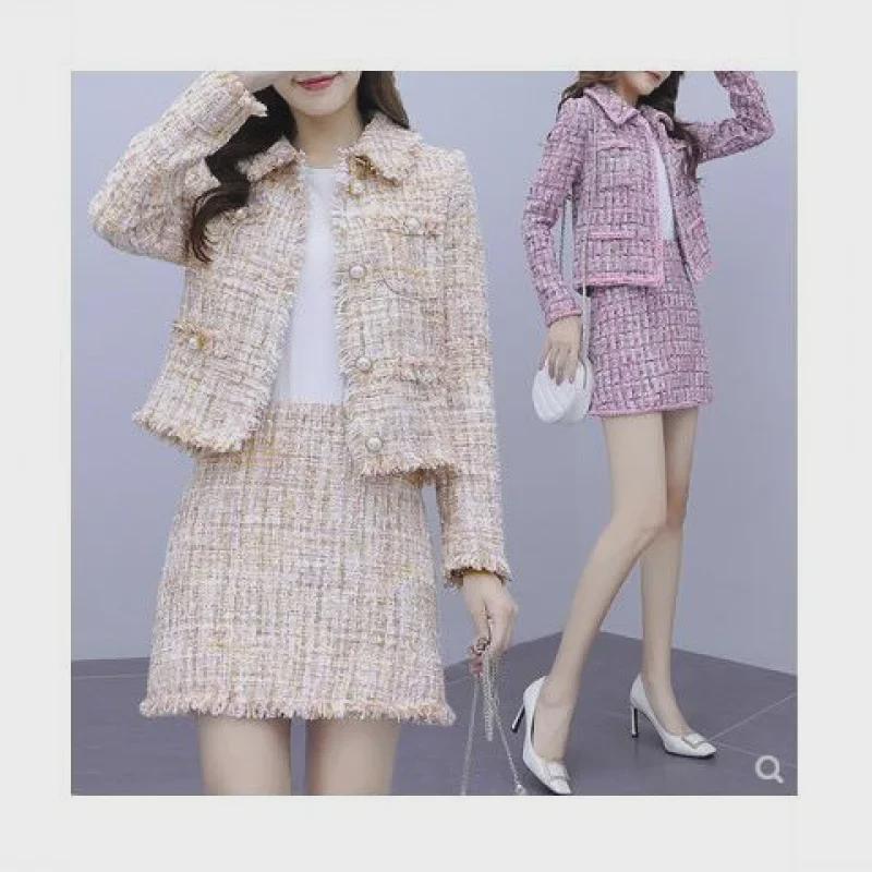 Autumn Korean Tweed Two-Piece Suit: Short Jacket & Skirt for Women In Chic Style