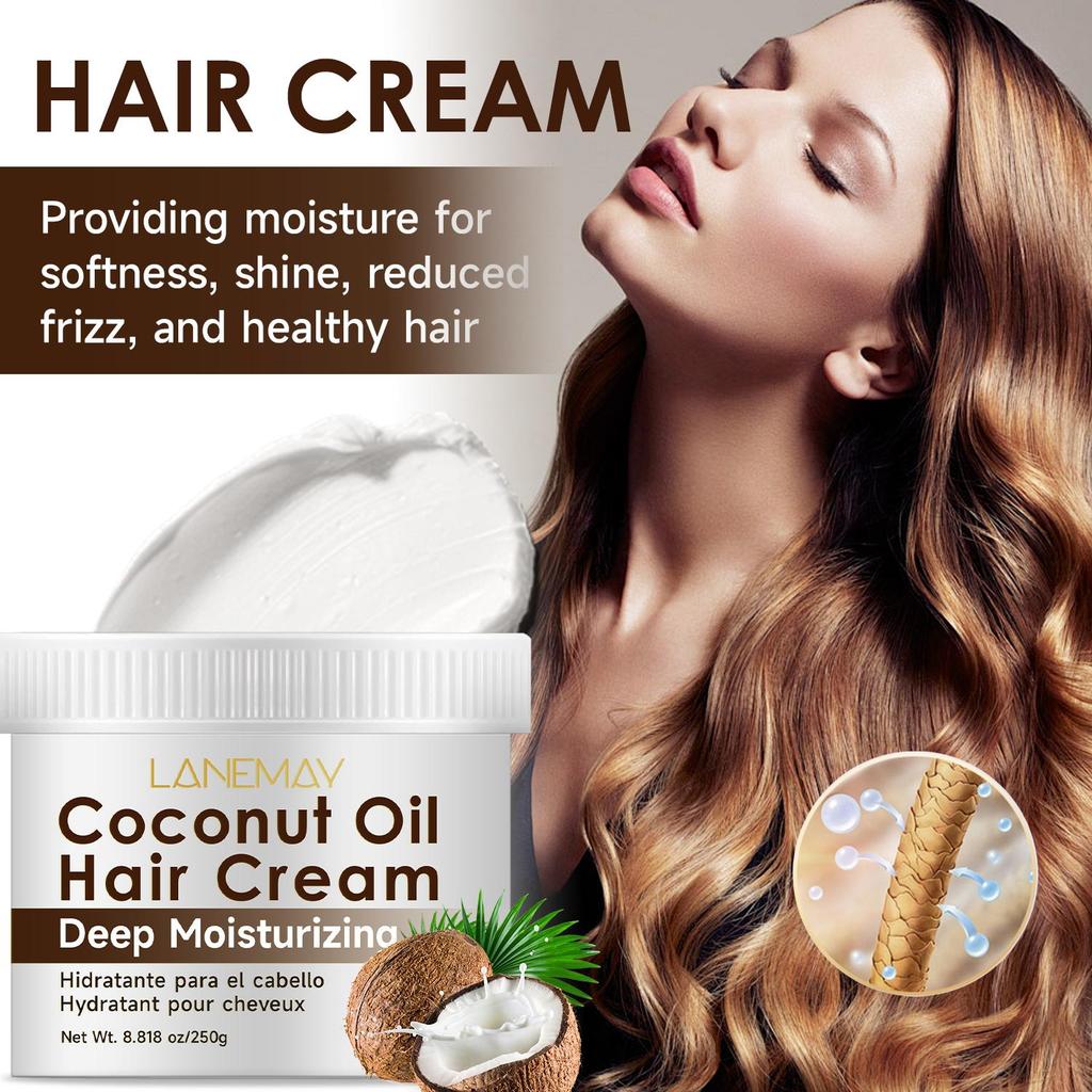 Coconut Oil Hair Cream-Providing Moisture for Softness, Shine, Reduced Frizz, and Healthy hair-For All Hair Types, Women and Men, 250ml