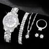 6Pcs Elegant Roman Dial Quartz Wristwatch Luxury Alloy Rhinestone Set Fashion Necklace Earrings Bracelet Jewelry Gift For Ladies