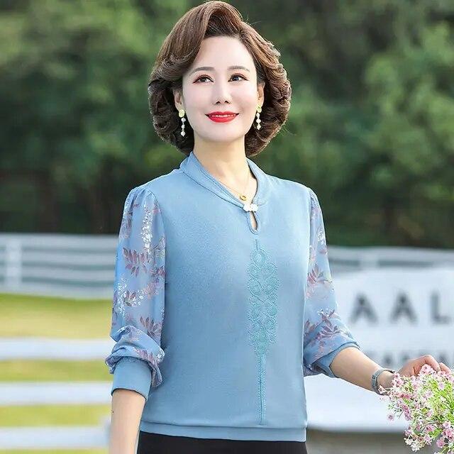 Корейская женская модная свободная футболка весна-лето с воротником-стойкой, марлевая одежда с длинными рукавами, большой размер, повседневная одежда с цветочным принтом