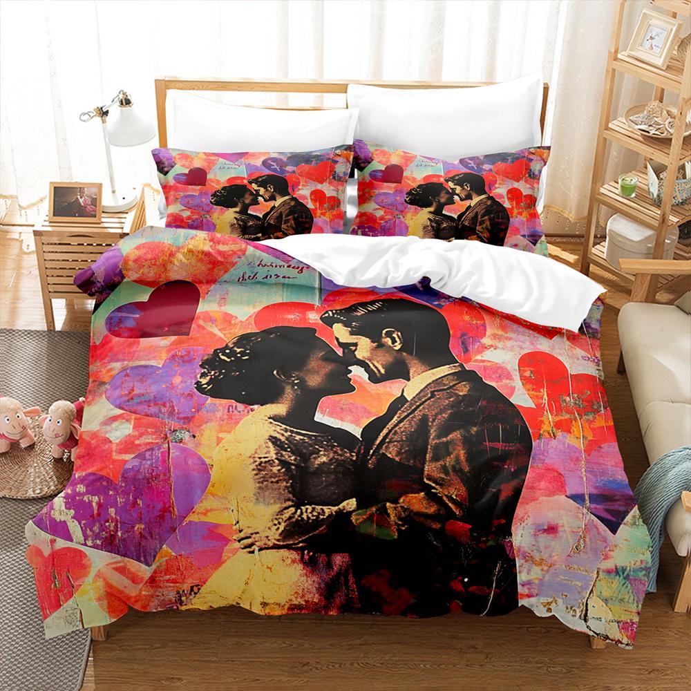 Love Heart And Newspaper Splicing Bedding Set Comforter Cover Soft Romantic Duvet Cover For Girls Women Room Valentine's Day