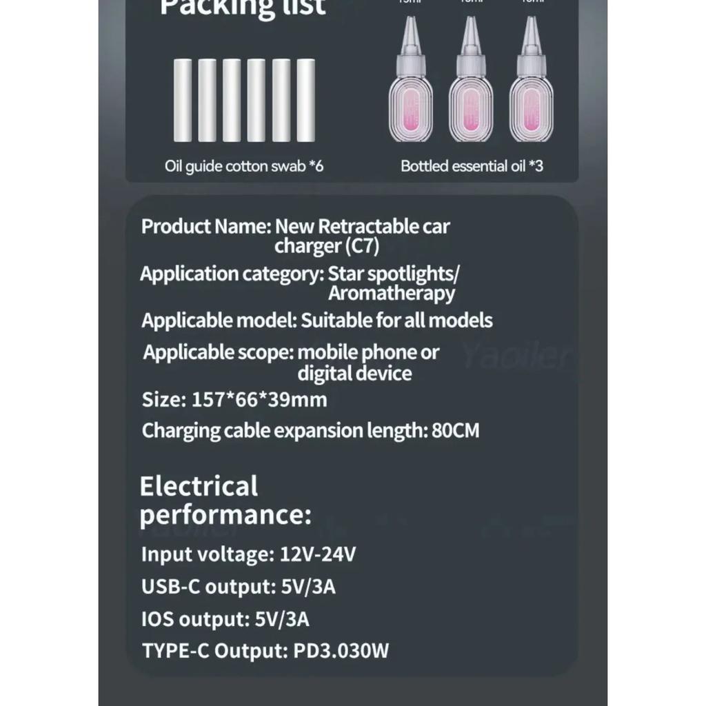 Супербыстрое выдвижное автомобильное зарядное устройство Starlight, 2 выдвижных кабеля и 2 порта USB с освежителем воздуха, для iPhone Samsung