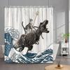 Funny Cat Shower Curtain Cute Cool Kitty Riding Whale Cartoon Animal Ocean Wave Children Bathroom Curtain Waterproof With Hooks