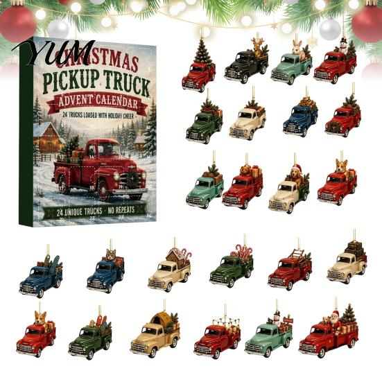 Holiday Collectible Toys Vintage Truck Advent Calendar, 24 Day Christmas Countdown Set with Retro Interactive Toy Pickup Ornaments, 2D Acrylic Hanging