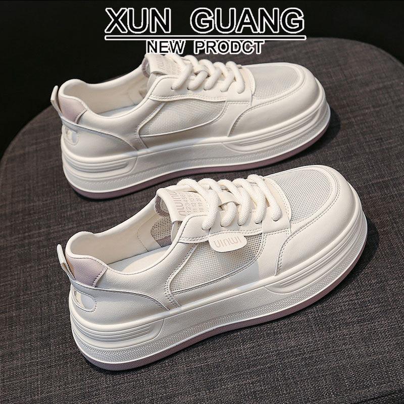 Cowhide version, genuine leather little white shoes, women's models, 2025 summer new thick-soled heightening women's shoes, mesh sports and leisure bo