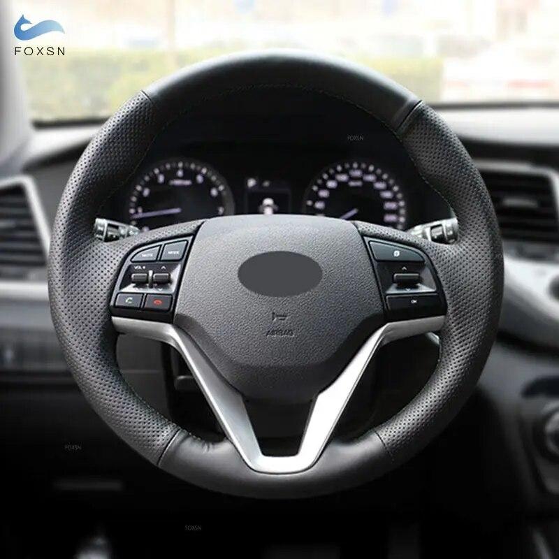 Для Hyundai Tucson 3 2015 2016 2017 2018 ручная оплетка автомобильного рулевого колеса Защитная мягкая перфорированная кожаная отделка черная