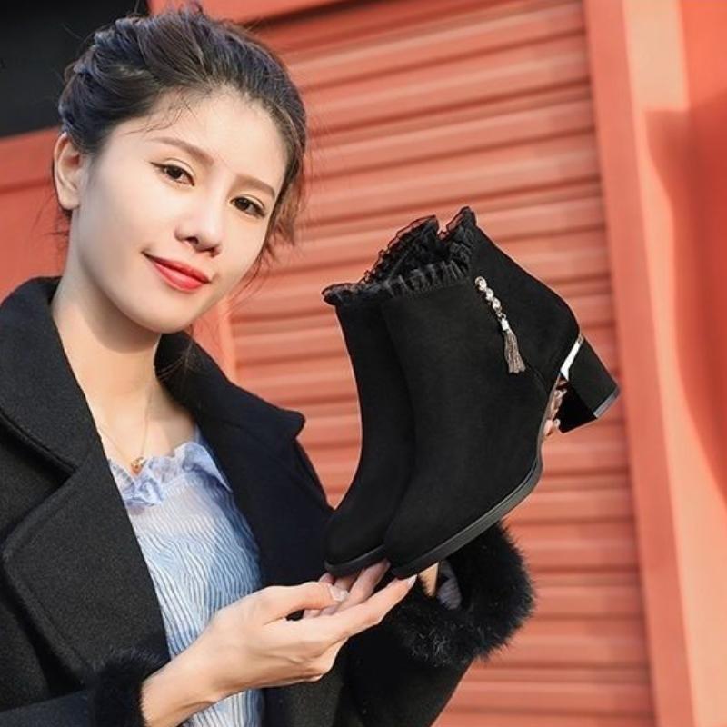 Ботильоны на флисовой подкладке Черные Осень Зима Женские Короткие Туфли Элегантные на среднем каблуке Женские Ботильоны Распродажа ботинок со стразами