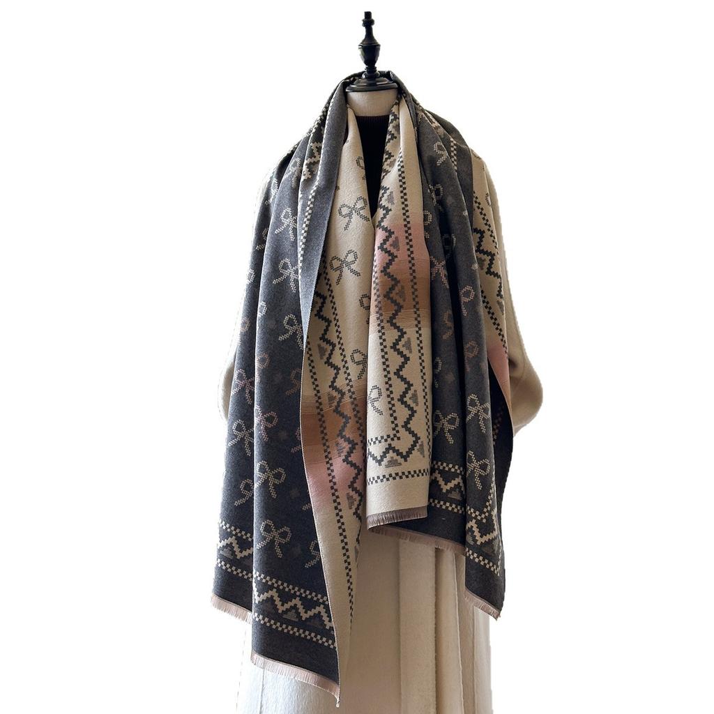 Осенне-зимний шарф с бантом для пресбиопии, женский теплый шарф из имитации кашемира в сочетающихся цветах, двусторонний платок для кондиционера