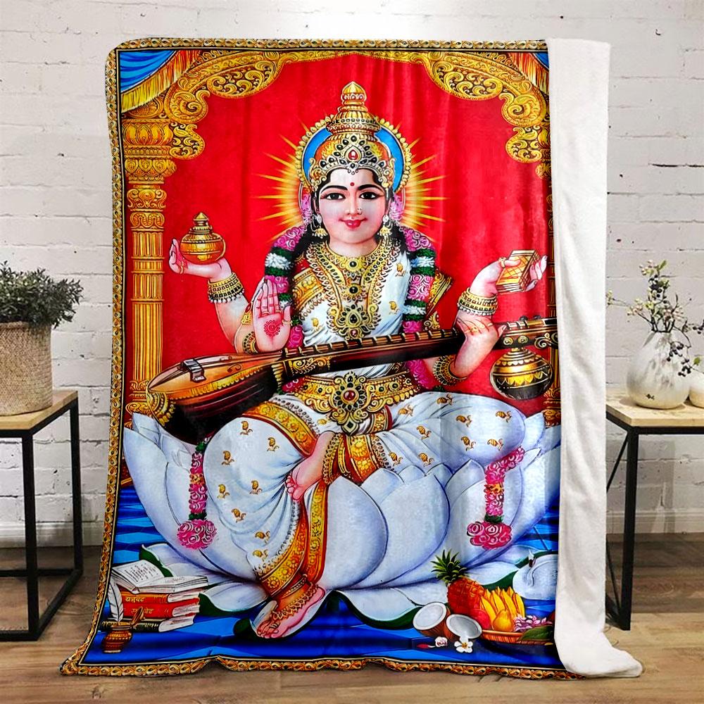 Hindu Deity Lotus Veena Throw Blanket bedroom Blanket for Livingroom Couch lunch break Soft throw for Friend's festival Gift