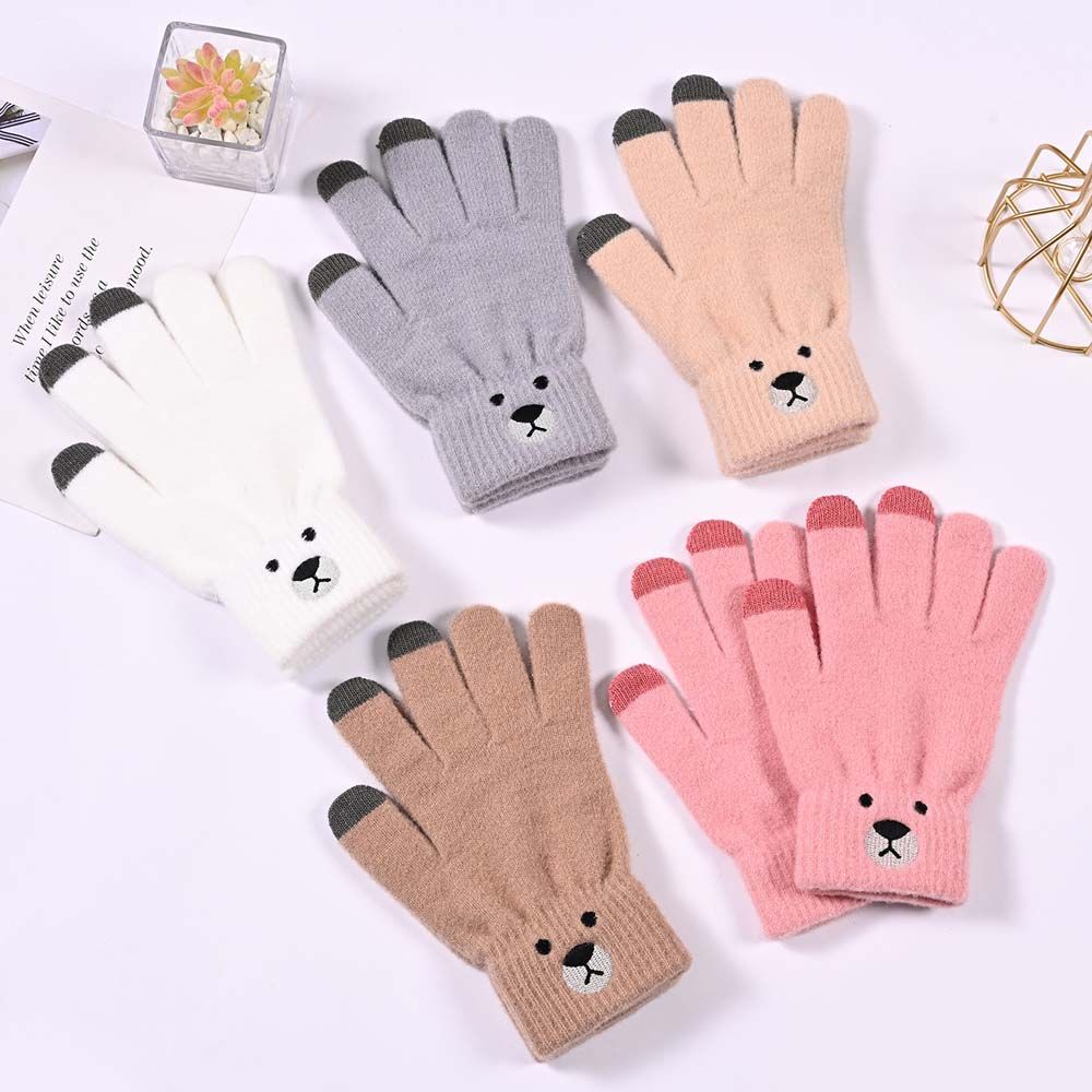 Women Five-finger Bear Embroidery Driving Gloves Gloves Female Gloves Wool Mittens