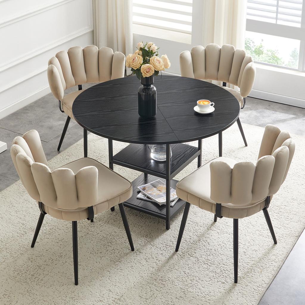 Table and Chair Set: 107 cm Table with Double Storage + 4 Light Brown Chairs with Flower-Shaped Backrest – Industrial Style for Small Apartments.