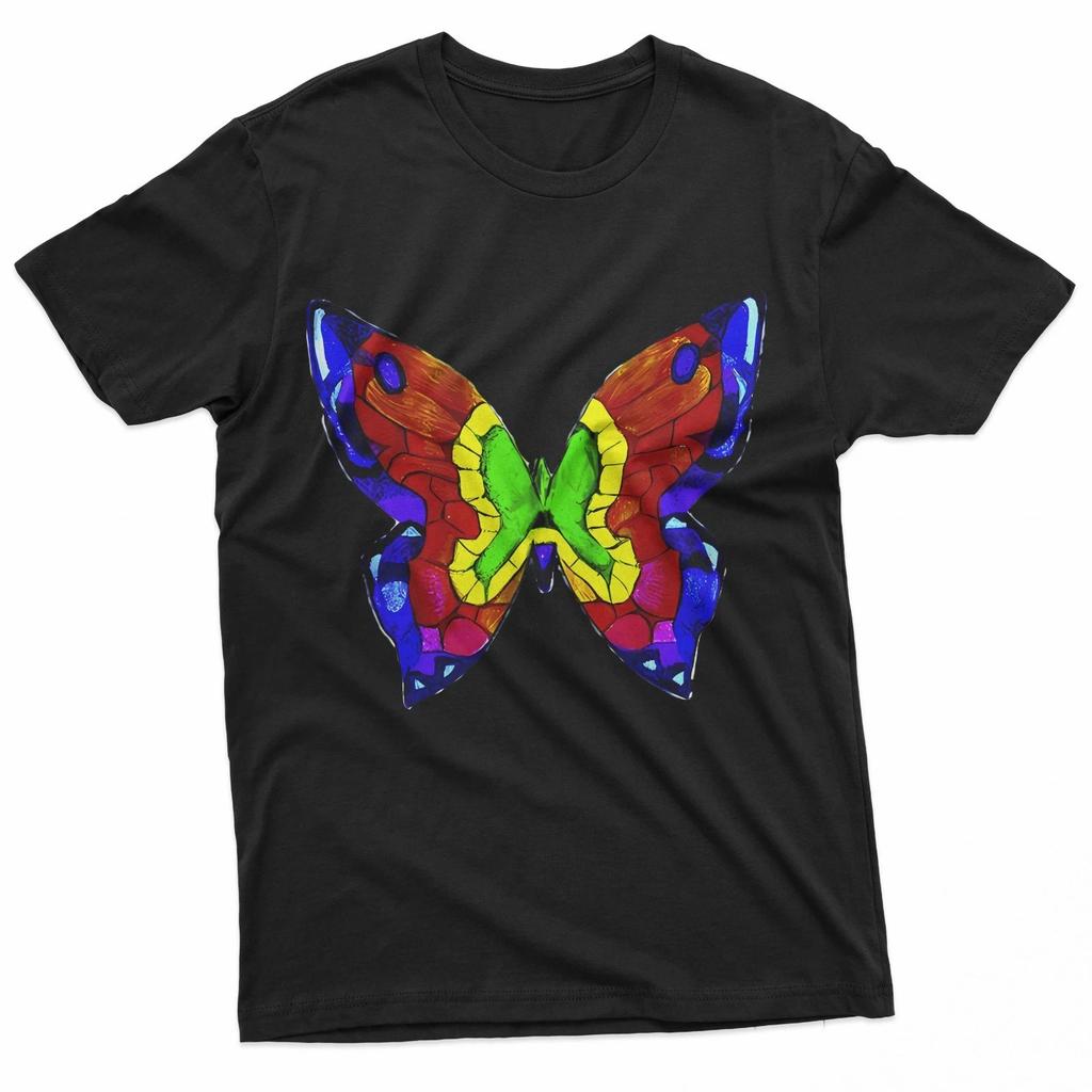 Nick Mason Butterfly Stained Glass Rainbow Art 100% Cotton T-shirt Mens Tees Top