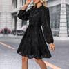 Women Autumn Winter Long Sleeve Print Elegant V-neck A-Line Mid-Length High Waist Dress