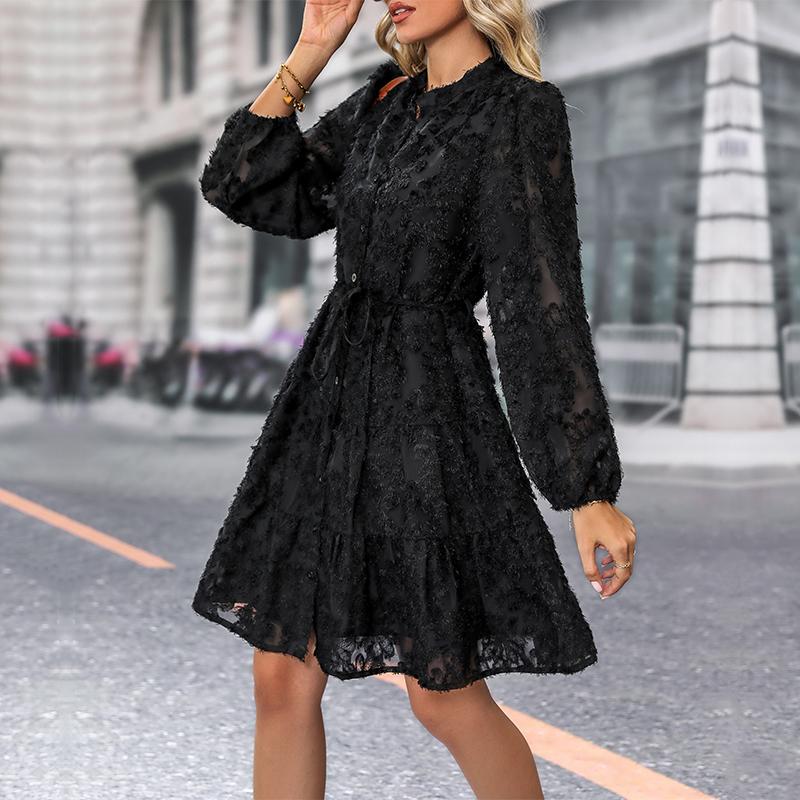 Women Autumn Winter Long Sleeve Print Elegant V-neck A-Line Mid-Length High Waist Dress