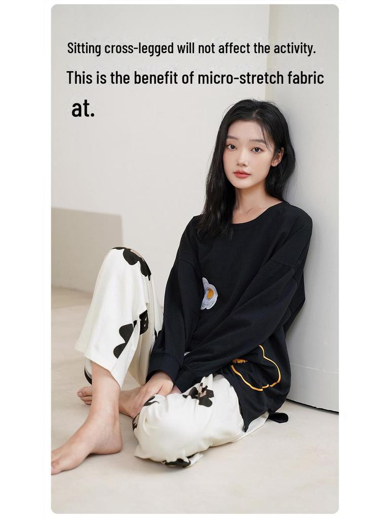 Женский пижамный комплект из чистого хлопка с длинными рукавами и нагрудными накладками — большой размер, весна/осень 2025 г.