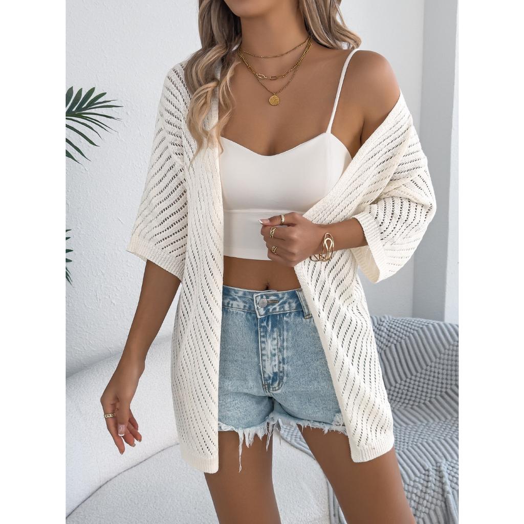 HNXC Summer Hollowed-out Short-sleeved Knitted Cardigan for Vacation Sun Protection Women's Wear