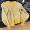 Осенний желтый короткий свитер куртка для женщин зимняя одежда мода новый длинный рукав вязаный свитер кардиган винтажный круглый вырез тонкий кардиган 25283