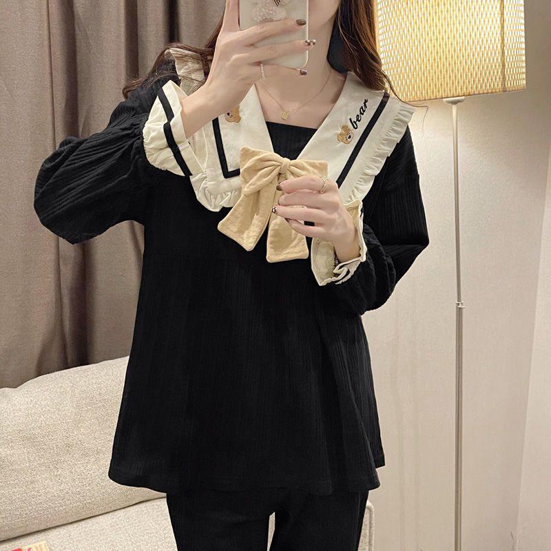 Women's Cute Princess Style Long Sleeve Pajamas Set - Sweet Bowknot Design, Plus Size, Loose Fit Home Wear for Spring, Autumn, and Winter