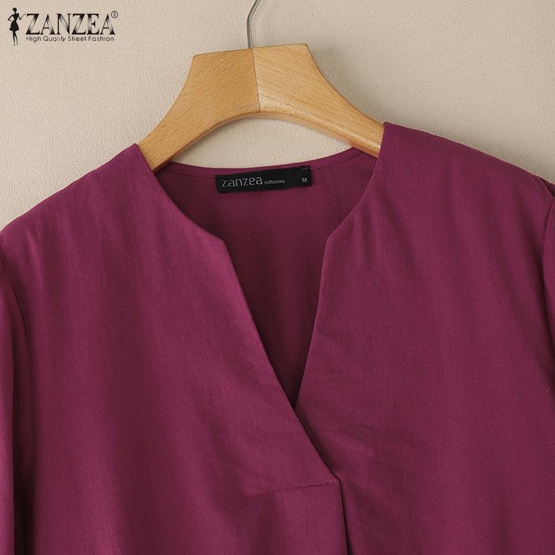 ZANZEA Women Casual V-Neck Solid Color Loose 3/4 Sleeve Cotton Blouse