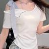 New French Sweetheart Irregular Strap Summer Bow Short Sleeve T-Shirt for Women