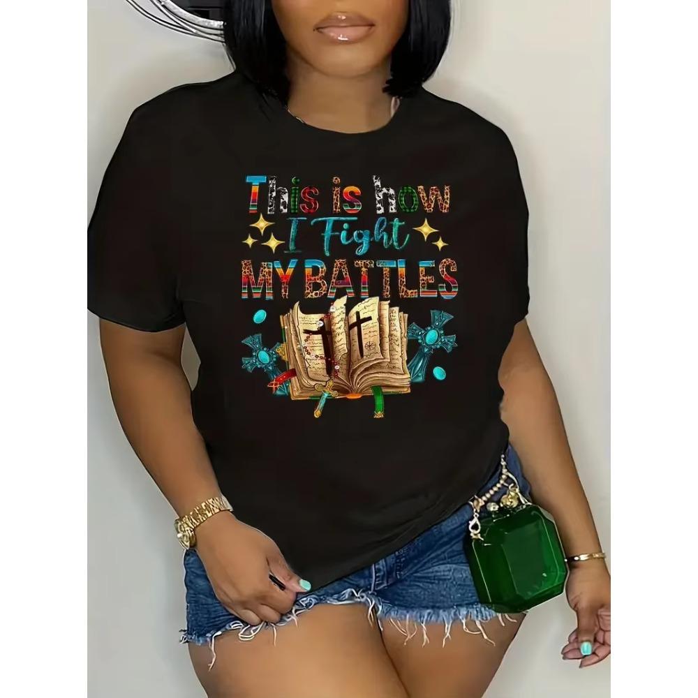 Повседневная футболка большого размера женская плюс с принтом книги, креста и слогана, с коротким рукавом, с круглым вырезом, футболка средней эластичности