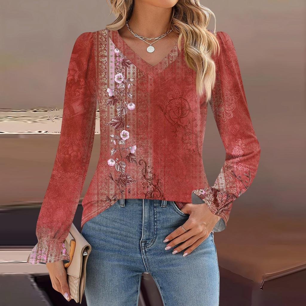 Women's Daily Casual Long-sleeved Striped Printed V-neck Top