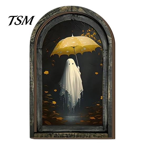 Dark Aesthetic Home Decorations Halloween Arched Wooden Wall Hanging Plaque, Double-Layer Distressed Ghost Cat Ornament, Rustic Tabletop Signs Gothic