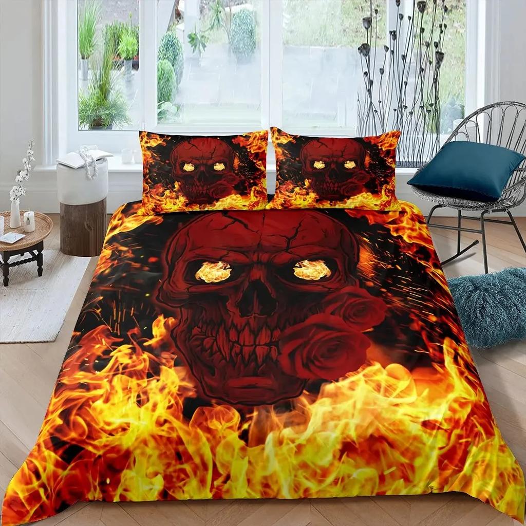 Black Blue Flame Skull Duvet Cover Set Full Size 3D Skeleton Bones Bedding Set Gothic Comforter Cover Horror Skull Quilt Cover
