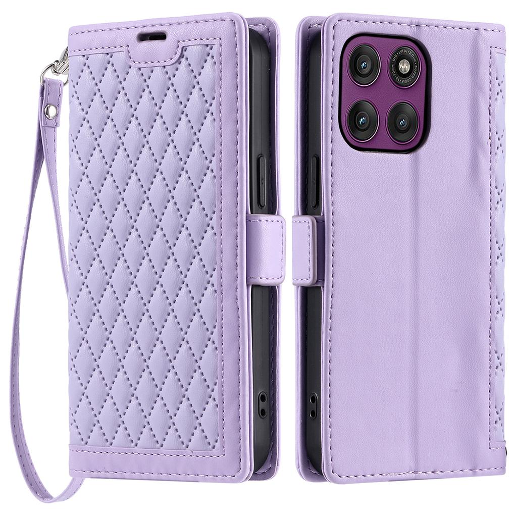 For Motorola Edge 60 Pro 5G Leather Case Rhombus Texture Wallet Stand Phone Cover with Wrist Strap