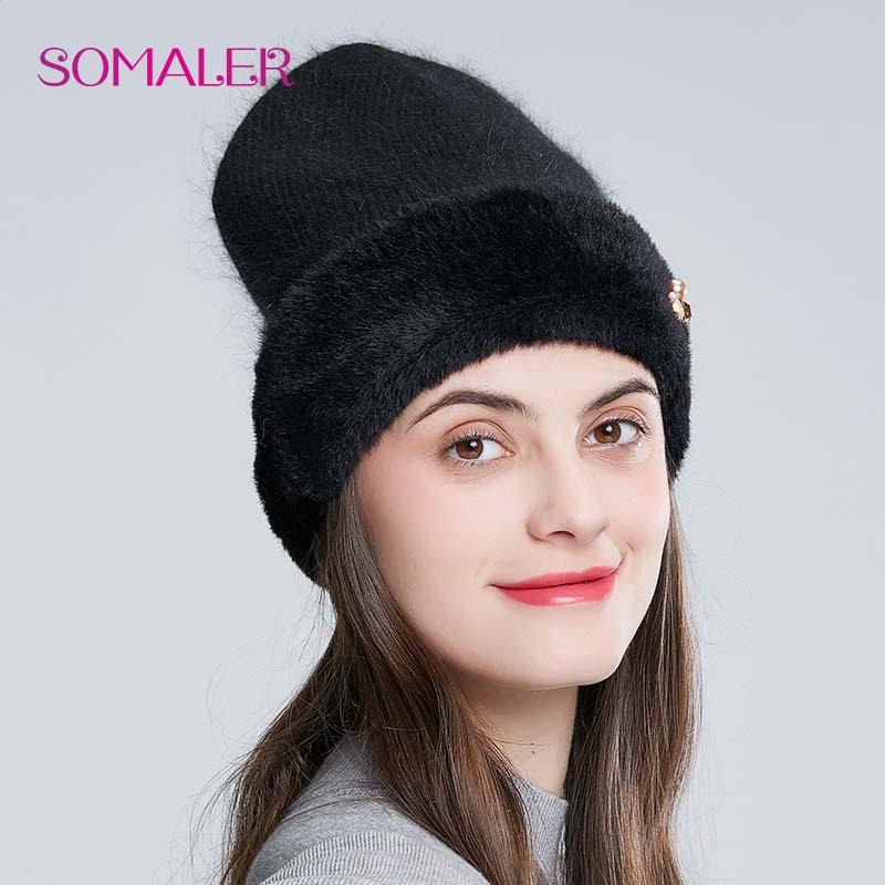 SOMALER Winter Hat for Women Thick Bonnet for Female Solid Color High Quality Rhinestone Cap New Beanie