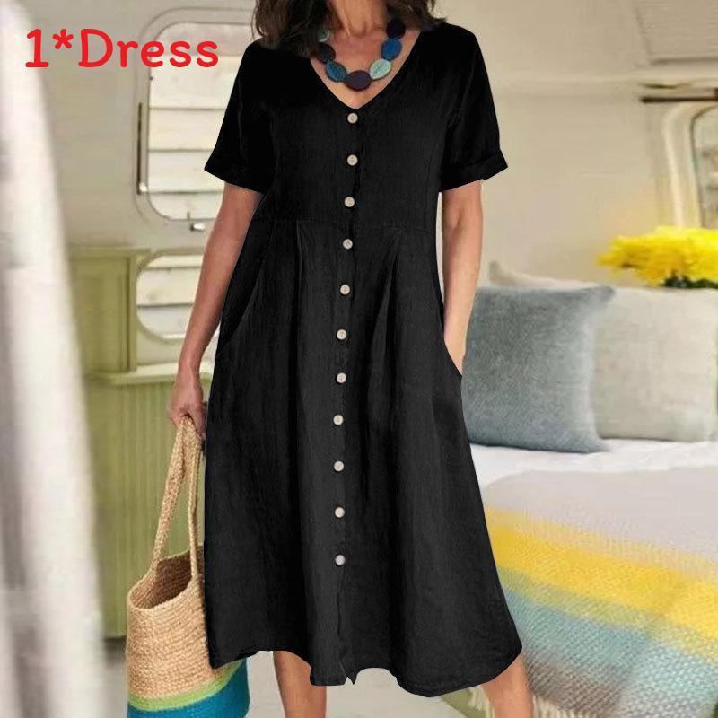 Summer Cotton Linen Dress With Pockets For Casual Streetwear Women