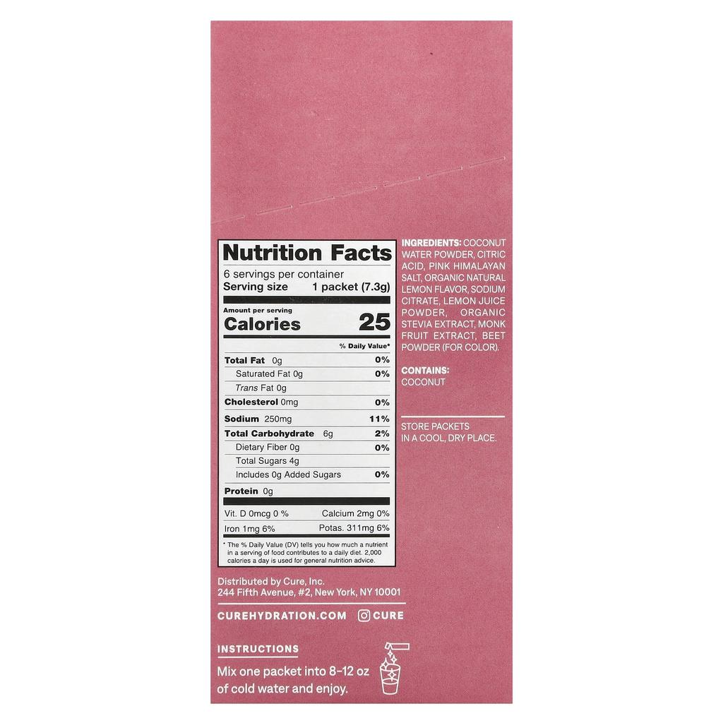 Cure Hydration, для детей, смесь для приготовления электролитного напитка, розовый лимонад, 6 упаковок, 0,26 унции (7,3 г) каждый