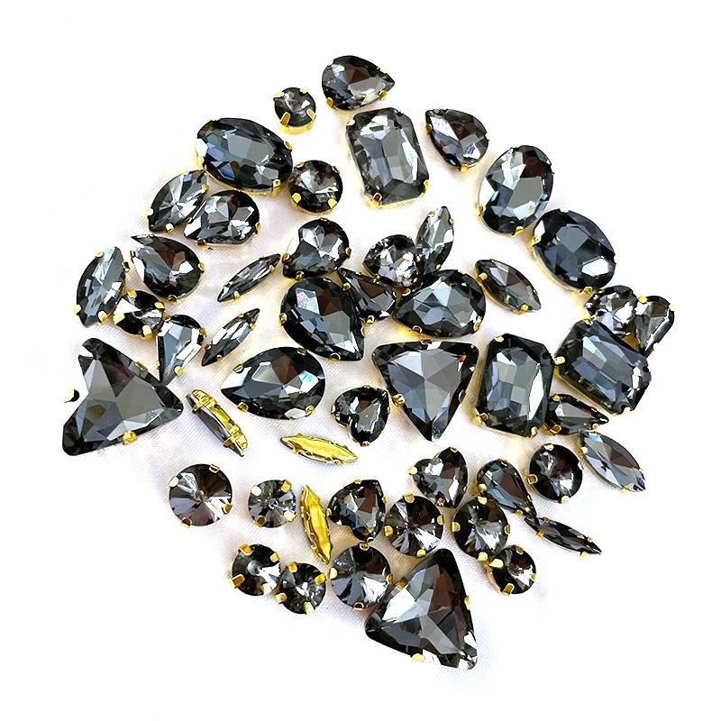 50pcs/Bag Glitter Mixed Shape Sew On Glass Rhinestone Gold Claw Crystal Buckle Diy Wedding Decoration Accessories