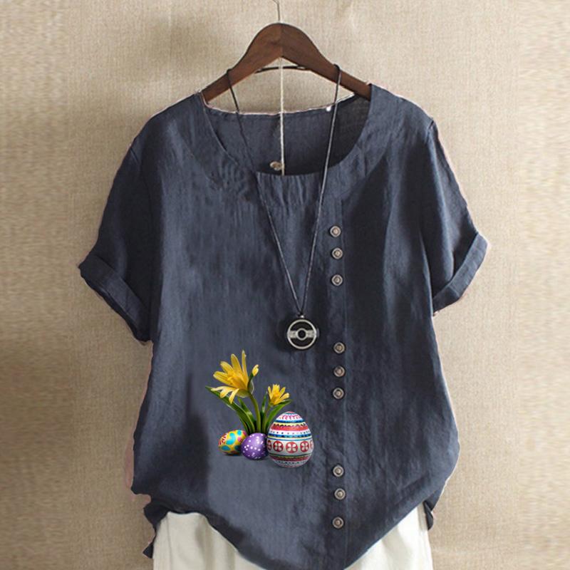 Women's Fashion Round Neck Short Sleeve T-shirt Casual Cotton Linen Graphic Shirt Leisure Loose Flower Prined Summer Blouse Tops