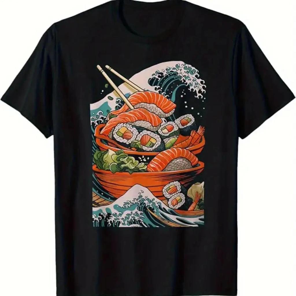 Unisexs Japanese Sushi T Shirt Black Crew Neck With Salmon Nori R Vintage Top For Everyday Wear Stylish Comfortable