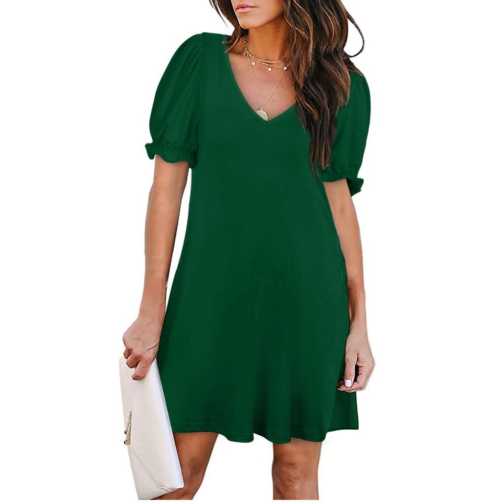 Женское летнее модное однотонное платье с v-образным вырезом и лепестками, с короткими рукавами и карманами
