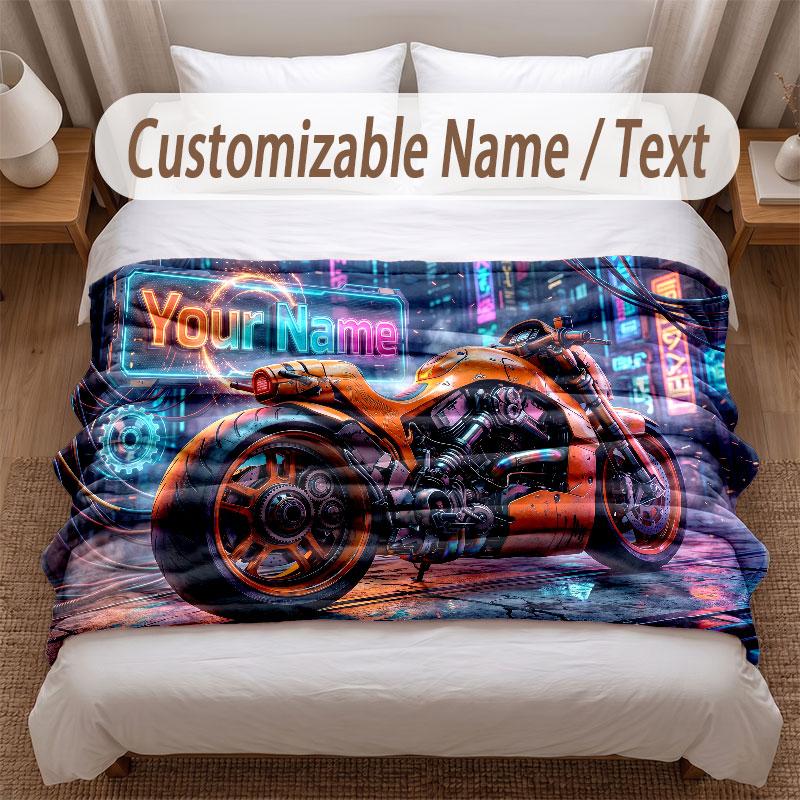 Motorcycle Biker Theme Soft Blanket Personalized Custom Name Text Print Warm Blanket Home Sofa Bedroom Decor