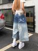 90s Plus Size American Retro Ripped Cropped Jeans Women Y2k Design Sense Shorts Loose High Waisted Straight Wide Leg Pants