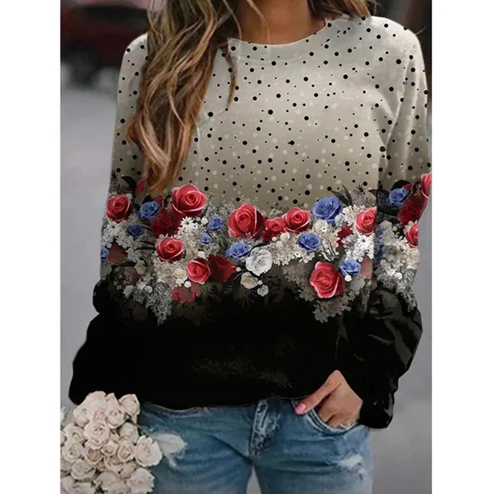 Women Floral Theme T Shirt Graphic Florals O-Neck Long-sleeves Basic Tops