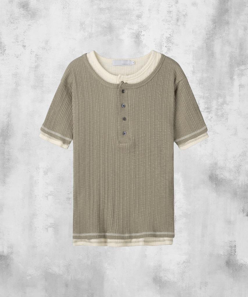 PARADIGMFILM [Ep.02] Slub Layered Henley Neck Knit Top (Beige)