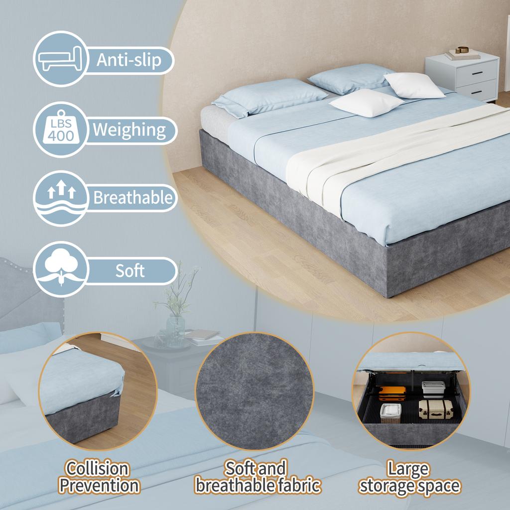 Modern Simple Style Bed Frame, 140*200 cm, Grey, Dutch Velvet Fabric, with Gas Lift, Modern Bedroom Furniture, Excluding Headboard and Mattress.