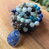 108 Beads Hand Knotted Mala Necklace,Natural Sodalite,Apatite,Aquamarine,Grey Onyx,JapaMala,Healing Crystals,Yoga Prayer Gift