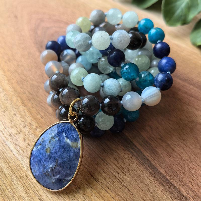 108 Beads Hand Knotted Mala Necklace,Natural Sodalite,Apatite,Aquamarine,Grey Onyx,JapaMala,Healing Crystals,Yoga Prayer Gift