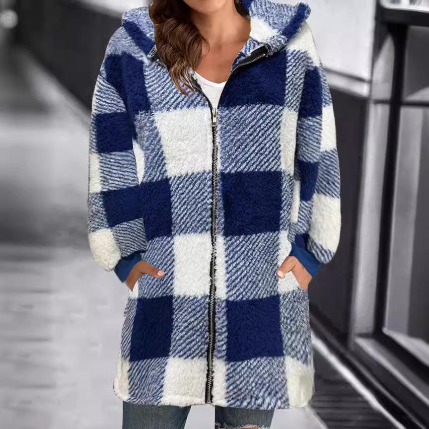 Women's Oversized Zip-Up Sherpa Jacket with Pockets, Plaid Fleece Hoodie Winter Teddy Coat, Cozy and Stylish Outerwear for Cold Weather