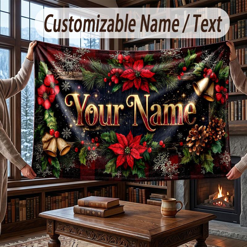 Christmas Winter Theme Throw Blanket Custom Name Text Personalized Blanket Soft Cozy Blanket for Home Sofa Bed