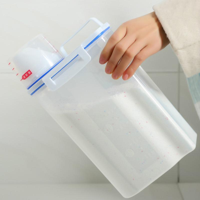 Бытовой ящик для хранения стирального порошка портативный большой пластиковый с мерным стаканом