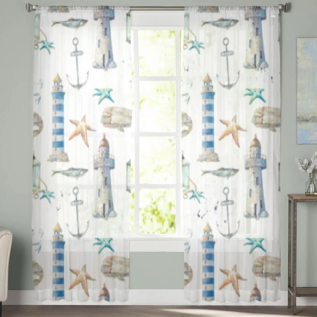 Акварельные винтажные прозрачные оконные шторы в морском стиле для гостиной, спальни, современная вуаль, тюлевые шторы, тканевые шторы для кухни