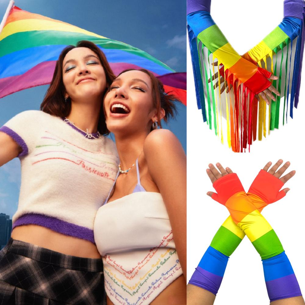 Fringe Rainbow Long Gloves Stretch Colorful Mittens Fashion Rainbow Tassel Gloves Party