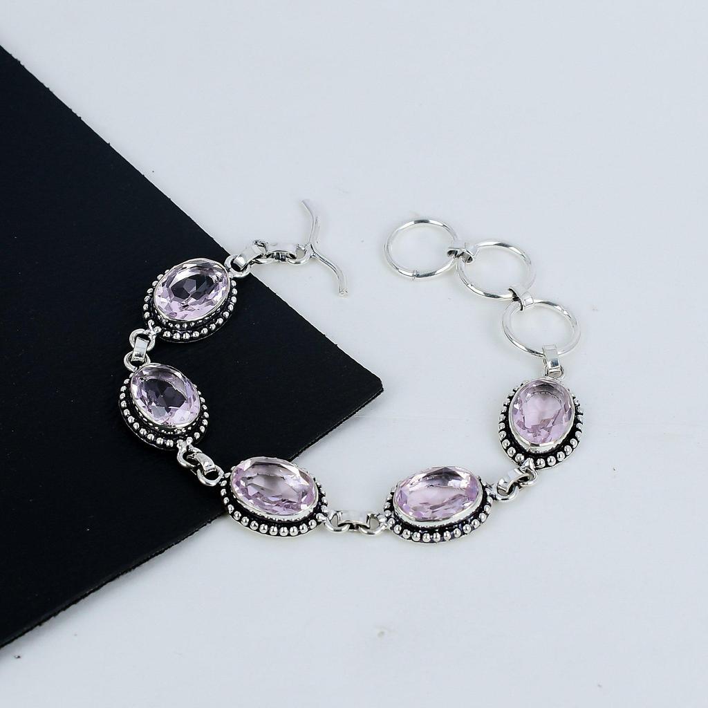 Красивый розовый кунцитовый драгоценный камень браслет ручной работы из стерлингового серебра 925 пробы, розовый кунцитовый браслет для жены, браслет унисекс на годовщину подарка